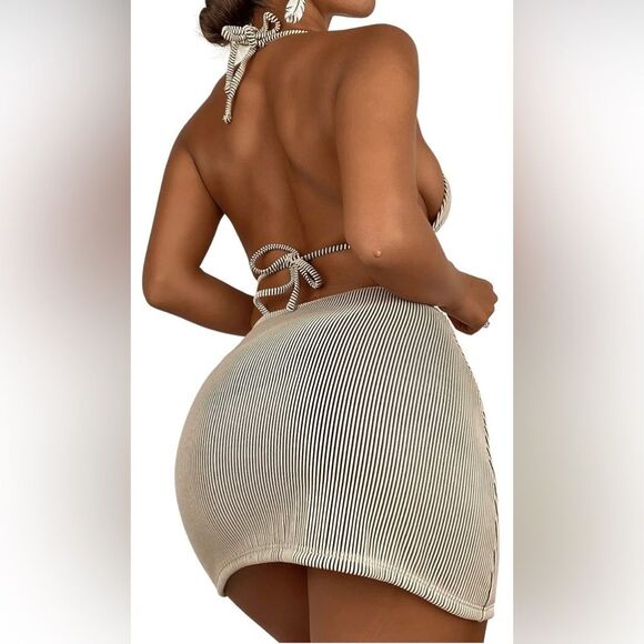 Women's 3 Piece Zebra Striped Bikini Swimsuit & Beach Skirt Bathing Suit (165) - Picture 3 of 8